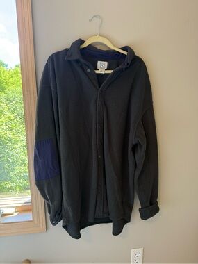 Men's Green Button-Up Fleece Sweater with Navy Elbow Patch